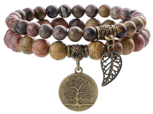 Farfume Chakra Bracelets for Women - Crystals Bracelet Gift for Women Natural Gemstones Yoga Reiki- A Set of Double Bracelets（Dendritic Jasper & LifeTree（Medium）