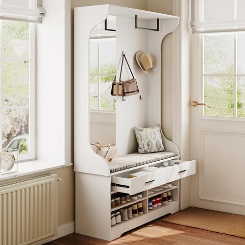 Marooma Garderoben-Set Wandgarderobe,Flurgarderobe Set mit Offener Schuhschrank und Spiegel, 4 Kleiderhaken, 1 Kleiderstange, 2 Schubladen, Eingangsschrank Garderobenständer (Weiß, 104x35x180cm)