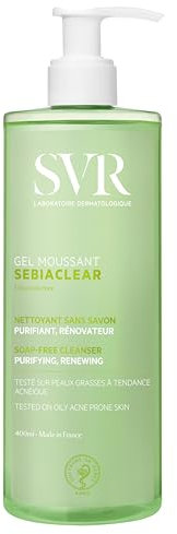 SVR - Gel Moussant Visage & Corps Anti-Imperfection Sebiaclear - Pour Peau Sensible, Mixte à Grasse, à Tendance Acnéique - Formulé avec des agents purifiants - Flacon en Matière Recyclée 400 ml