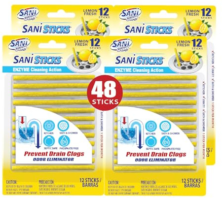 SANI 360° Sani Sticks Drain Cleaner and Deodorizer, 48 Count, Lemon Scent Enzyme Pipe Cleaners, Eliminate Odors, Prevent Clogged Drains, Safe for Sinks, Bathtub Drains, Septic Tanks