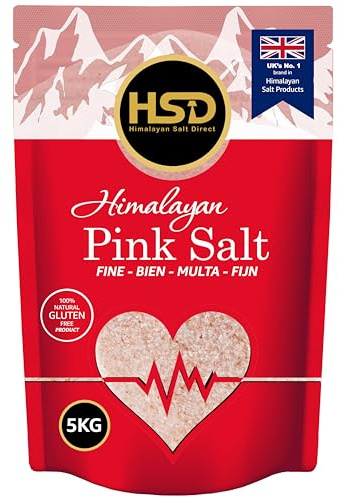 HSD 5KG Pure Himalayan Pink Salt Premium, unrefined 100% Natural Gluten Free cooking salt Trace Minerals Ready to Use Bulk Sea Salt Extra Fine Grain No Anti-Caking Agents Pure Culinary Grade
