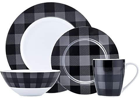 Safdie & Co. Buffalo Plaid Grey, Black 16 Piece Dinnerware Set, Service for 4, Fiesta Dinnerware, home trends and home food network essentials, Porcelain dinner plates, 16 L x 12 W x 15 H