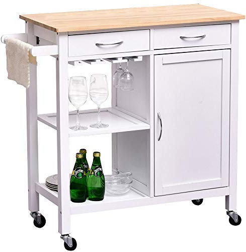akaji Chariot de Cuisine en Bois avec Plateau Planche à découper Naturelle, 2 tiroirs, Porte-Couverts, Porte Capsules de café, 2 étagères + Meuble avec Porte, 2 étagères, Porte Verres à vin