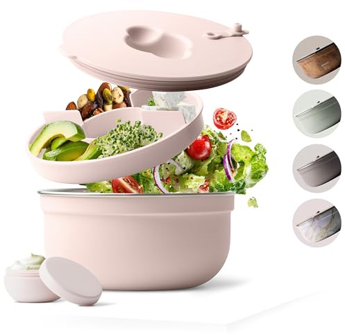 MAMEIDO Caja de Ensalada para llevar 1,5 l, Lunch box de acero Bento Box sin BPA, Bol con compartimentos y contenedor de apósitos a prueba de fugas, Fiambreras Comida Trabajo (Blush Kissed)