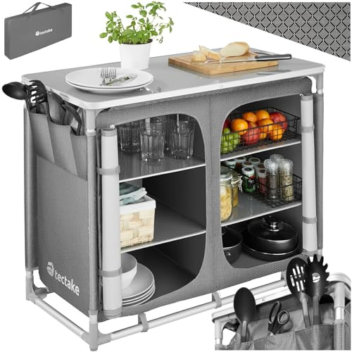tectake® Campingkök, med Stängbara Förvaringsfack, Höjdjusterbara Fötter, Utomhusbord, Stabil Aluminiumram, Inklusive Bärväska, Perfekt för Camping & Utomhusaktiviteter