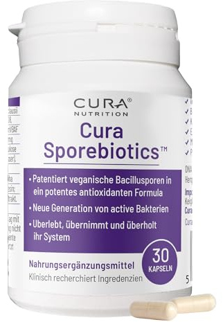 CURA NUTRITION SPOREBIOTICS (30 Kapseln) Bacillus Coagulans, Subtilis & Clausii Sporen Probiotikum mit Lycobead™ Carotinoiden, lebende Bakterien, Darmflora Unterstützung