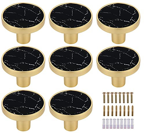 Kyrio Lot de 8 boutons de tiroir ronds en laiton marbré blanc - Boutons de tiroir décoratifs blancs - Boutons de commode dorés - Quincaillerie pour meubles de cuisine, crochets à vêtements Perle