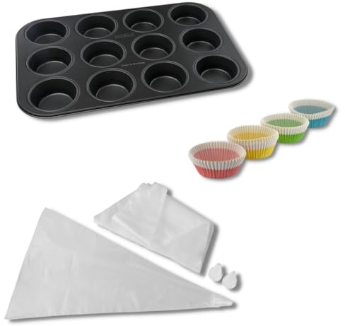 Zenker 9983850 Set med 3 muffinsredskap, form med 12 utskrifter, pappersformar, hylsficka, stål, papper, plast, svart, transparent, färgglad, 5 till 38,5 cm