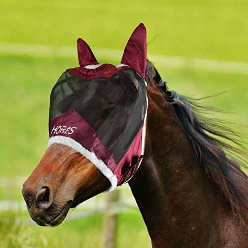 Horses,Fliegenohren Fly Shield Pro, Leichte und Atmungsaktive Fliegenmaske, Behindert Nicht das Sichtfeld des Pferdes, Augen und Gehörschutz (M, Bordeaux)