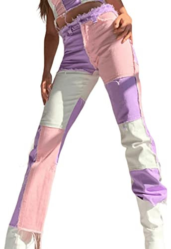 Angel ZYJ Damen Patchwork Jeans Straight Jeans Baggy Boyfriend Jeanshose Hoher Taille Bunte Denim Hose (as3, Alpha, x_s, Regular, Regular, Rosa)