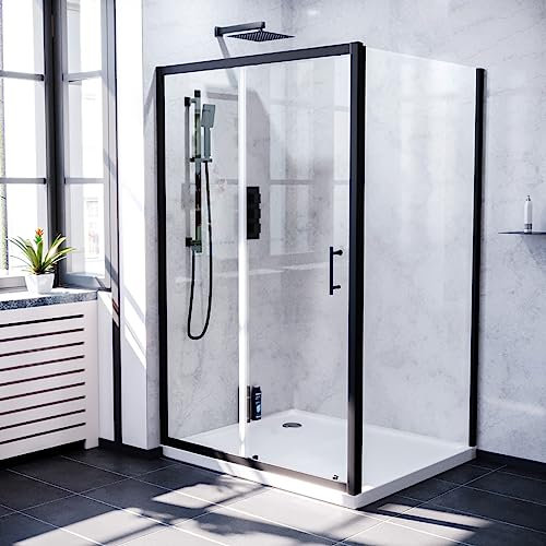 Keni 1200mm Shower Sliding Door & 760mm Frameless Glass Side Panel Screen Matte Black