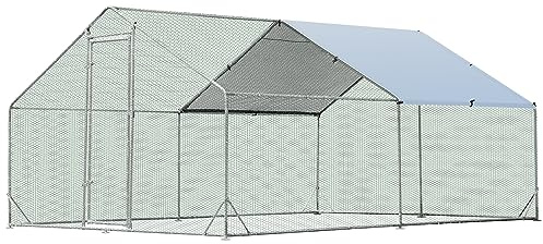 GYMAX Walk In Chicken Coop, Large Spire-Shaped Hen Poultry House with Waterproof and Sun Protection Cover, Galvanized Rabbits Habitat Cage for Backyard Farm (300 x 400 x 195 cm)