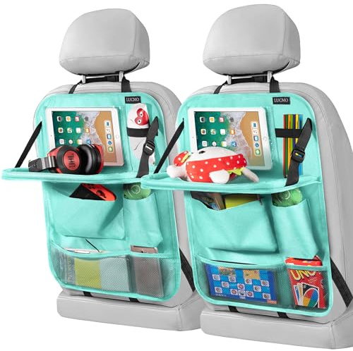 LUCMO Car Backseat Organizer with Tablet Holder-2 Pcs,6 Storage Pockets Car Storage Organizer with Foldable Food Tray,Protectors Kick Mats Travel Accessories-Light Blue