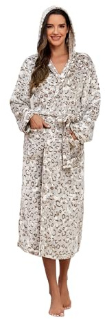 RONGTAI Bata de baño con capucha y estampado de leopardo para mujer, material de forro polar largo y grueso con bolsillo, ligeramente lujoso, Marrón, S