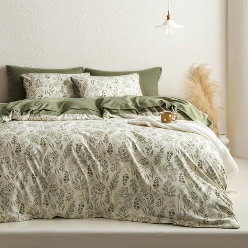 Freyamy Juego de ropa de cama con diseño floral, 140 x 200 + 1 funda de almohada 65 x 65 cm, Verde, Verde Oliva, Hojas, Flores, Ropa de cama, Microfibra, Flores, Funda nórdica para adultos, niñas, con