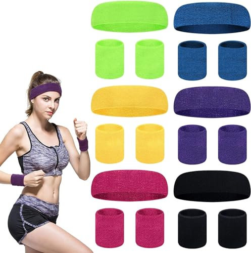 Scettar 18-teiliges Schweissband Set|6X Stirnband + 12X Schweißband Handgelenk|Stirnband Herren & Schweißbänder Damen|Accessoire für Karneval & Fasching|Headband Wristband für Jugendliche