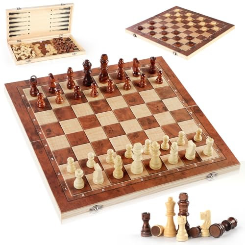 Putentfun Chess Set and Checkers 3 in 1, 29 x 29 cm Wooden Folding Chess Board Game for Kids & Adults, Foldable Travelling Chess Game for Family Party
