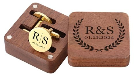 MeMeDIY Gemelli e Fermacravatta Personalizzati con Scatola di Legno Incisa con Nome Testo Iniziale Data Gemelli da Matrimonio per Polsini Camicia Regalo per Uomo/Sposo/Papà B2