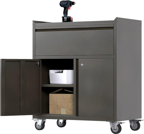 SUPEER Metal Garage Cabinet with Wheels,Mobile Storage Cabinet with 2 Doors & 1 Drawer, Steel Storage Cabinet for Garage, Home, Office, Utility Room- Assembly Required
