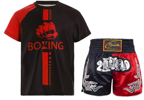 Oyolan Barn pojke boxning shorts och T-shirt boxningsset kampboxningsset Muay Thai MMA sparkar boxning outfit, A Black Red, 11-12 ans