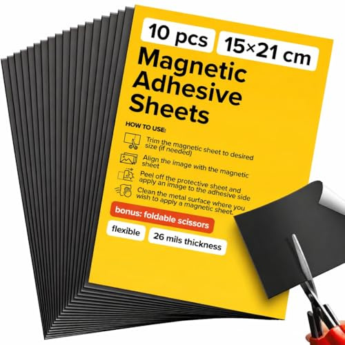 Strong Self-Stick Adhesive Magnetic Sheets 10 Pcs (21x15cm/8.3x5.9) – Customizable Magnetic Paper for Photo, Magnet Stickers, Labels, Crafts; for Fridge, Lockers, Whiteboards, Office, Projects
