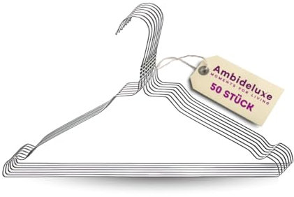 Ambideluxe | 50 Drahtbügel Silber | Hosenbügel | Metall Kleiderbügel mit hochwertiger Zink- & Pulverbeschichtung | Platzsparende & langlebige Drahtkleiderbügel | Für Schrank, Garderobe & Wäscherei