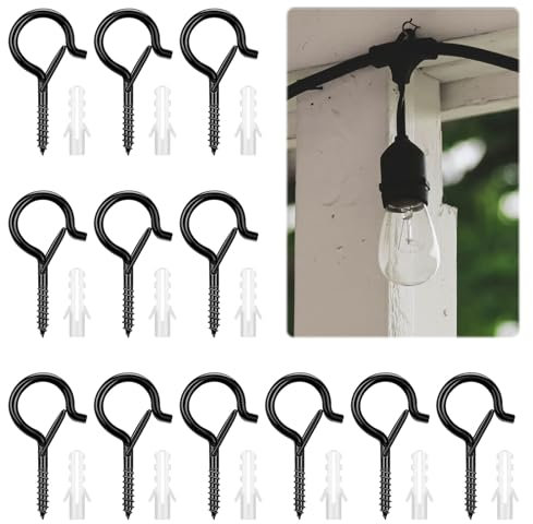 Yiirin 12 PCS Screw in Hooks,Q Hanger Screw Hooks for Hanging,Black Clasp Bolts in for Hanging Outdoor String Lights,Christmas Lights,Wind Chimes,Plants