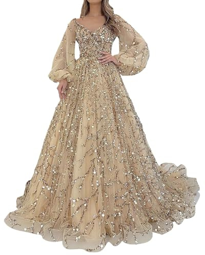 Robe de bal longue princesse tulle - Robe de cocktail pour femme - Grandes tailles - Col en V - Manches bouffantes - Robe de soirée brillante - Robe trapèze - Robe plissée - Robe de mariage, or, L