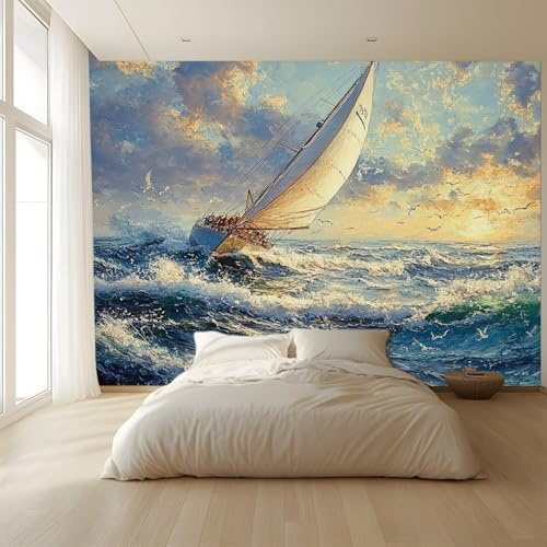 MKBKLI Carta da Parati Fotografica Stile pittorico navigazione barca a vela - Design per Pareti Camera - Fotomurale Tessuto Non Tessuto 400 x 280 cm - Colla Non Inclusa