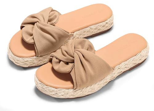Coutgo Womens Platform Espadrilles Sandals Twist Open Toe Slip On Slides Summer Beach Shoes, Khaki, Size 8