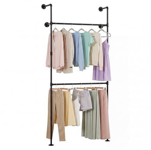 Multigot Telescopic Clothes Rail, 2-Tier Walk-in Closet System Open Wardrobe Organiser with 2/4 Hanging Rails, Heavy-Duty Metal Hanging Garment Rack for Bedroom Living Room (106 x 32 x 227 cm)