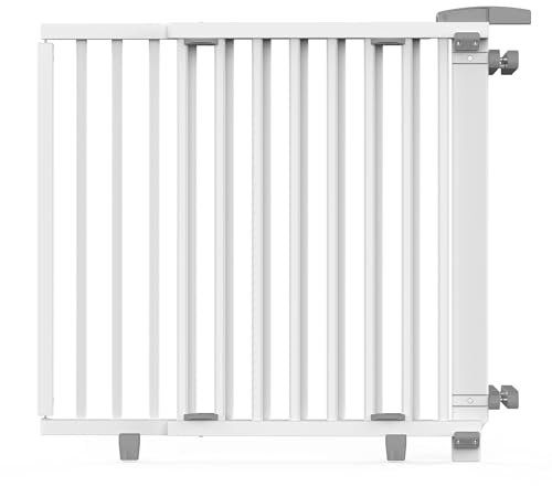 Geuther 2733+ schwenkbares Treppenschutzgitter Passung: 67 cm - 107 cm TÜV/GS zertifiziert Türgitter zum Bohren & Klemmen stufenlos einstellbar Sicherheitsverschluss Weiß