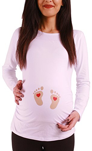 M.M.C. Impronta Bambino - Simpatica graziosa T-Shirt Premaman Manica Lunga per la Gravidanza (Bianco, Medium)