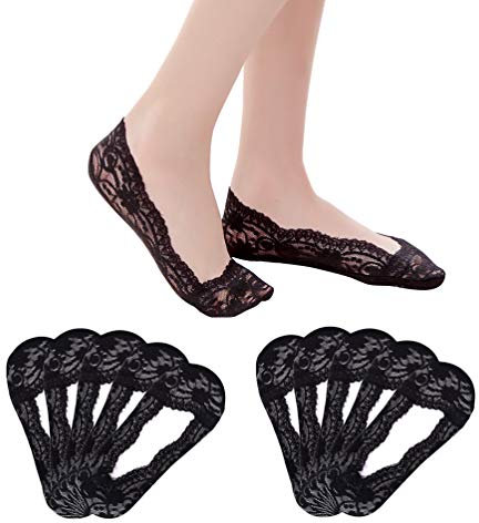 FEPITO 10 Pairs Women No Show Lace Boat Socks Non slip Ankle Socks Low Cut Liner Invisible Socks for Sneaker Loafers（Black）