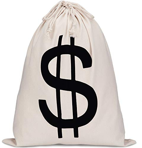 Boao 19.7 x 15.8 Inch Extra Large Money Bags Prop Money Dollar Sign Drawstring Canvas Bag with Dollar Symbol for Toy Favor Cosplay Themed Party