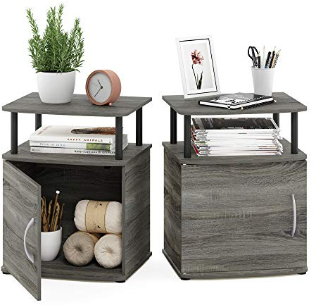 Furinno JAYA Side Table Set of 2, 2-Tier Open Shelf End Table with Door Cabinet, Soft-edges Night Stand, Bedside Table, for Living Room, Bedroom, French Oak