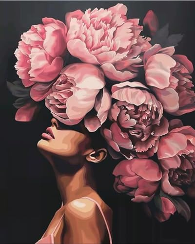 Tucocoo Måla efter nummer, motiv med kvinnohuvud av blommor, i modern stil, akryl, oljemålning-set, fin heminredning, måla efter siffror, perfekt för vuxna/nybörjare, utan ram – 40 x 50 cm