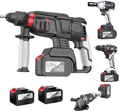 4 in 1 Cordless Hammer Drill Kit, Hammer+Cordless Drill+Cordless Impact Wrench+Power Angle Grinder, with 4X Battery for Drilling Wood, Concrete Breaker, Brushless Motor