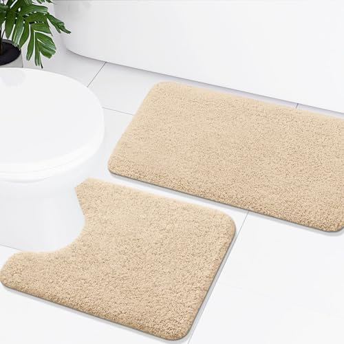 Homaxy Badezimmerteppich Set 2 teilig WC Vorleger mit Ausschnitt Set Badematte rutschfest Waschbar Hochflor Badteppich Mikrofaser Badvorleger Set – 50 x 60 cm + 51 x 76 cm, Beige