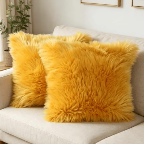 OYIMUA Soft Faux Fur Cushion Covers 50x50cm Mustard Set of 2 for Sofa Bed | Fluffy Decorative Pillow Covers 20x20 for Living Rooms,Bedrooms,Offices,Machine Washable,Hidden Zipper,Fade-Resistant