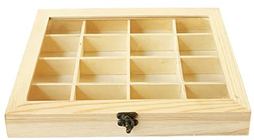 Acan Tradineur - Caja de Madera con 16 Compartimentos y Tapa con Cristal, Expositor de Joyas, Organizador, joyero, Collares, Pendientes, Relojes, 27 x 19,8 x 3,8 cm, Cierre y Base aleatorios