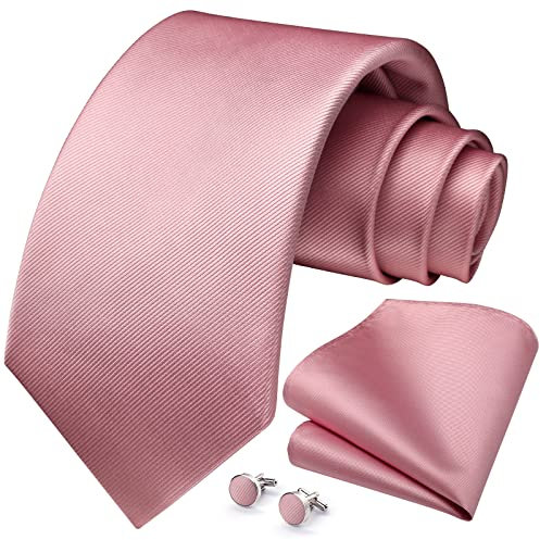HISDERN Herren Hochzeit Rosa Krawatten und Einstecktuch Solide Krawatte Manschettenknöpfe Set