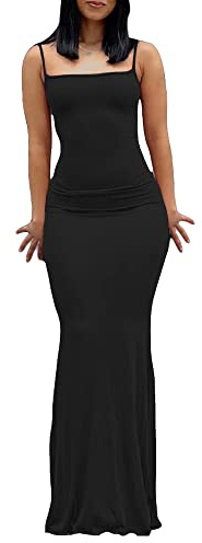Women Sexy Low Cut Maxi Dress Sleeveless Cami Spaghetti Strap Sling Cami Bodycon Fishtail Long Dress Party Evening Maxi Dress (A-Black, L)