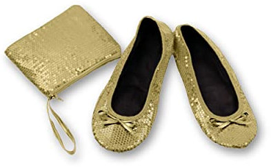 Varsany Foldable Sequin Gold Ballet Pumps - Ladies After Party Shoes with Foldable Bag - Women's Flat Shoes