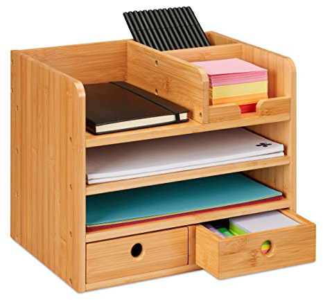 Relaxdays Schreibtisch Organizer, 2 Schubladen, 5 Fächer, HxBxT: 26,5 x 33 x 24 cm, Bambus-Organizer fürs Büro, Natur