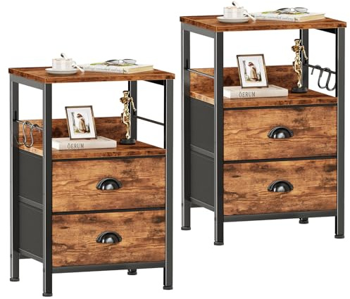 Furologee Night Stand Set of 2, Nightstand with 2 Fabric Drawers, Bed Side Table with Open Shelf, Wooden Top, Hooks, Backboard Design, End Table for Bedroom, Study, Hallway, Brown