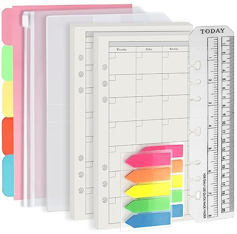 Harphia A5 6 Holes Binder Refill Value Set, 90sheets monthly plan loose leaf paper with stickers and dividers, planner insert with binder pockets for A5 binder 6 holes refillable notebook,005da5month