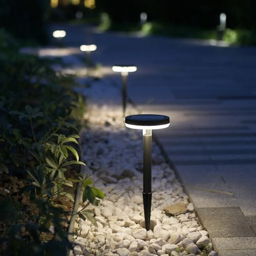 DAWALIGHT Solar Garden Lights Stakes 4 Pack IP65 Waterproof LED Pathway Lights Outdoor 3000K Warm White Dusk Till Dawn Landscape Light for Walkway Patio Yard Lawn Driveway, Black