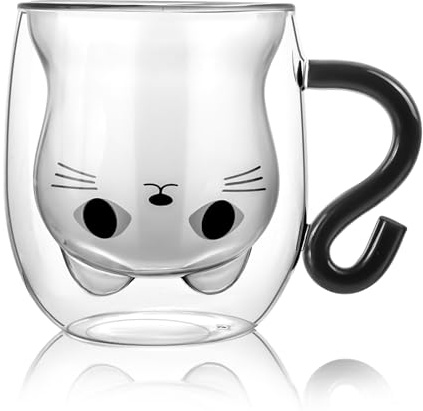 Söt katt dubbel vägg glas mugg, svart katt 100% borosilikat tjockt glas med handtag, värmebeständighet, presentförpackning