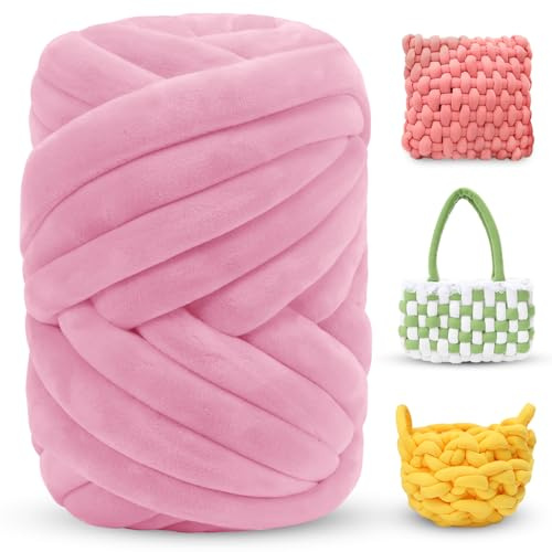 LEREATI Thick Chunky Yarn for Arm Knitting Jumbo Tube Soft Chunky Knit Blanket Velvet Yarn for Crocheting Handbags Hand Knitting Pet Bed Rugs Pillows Crafts (500g, Pink)